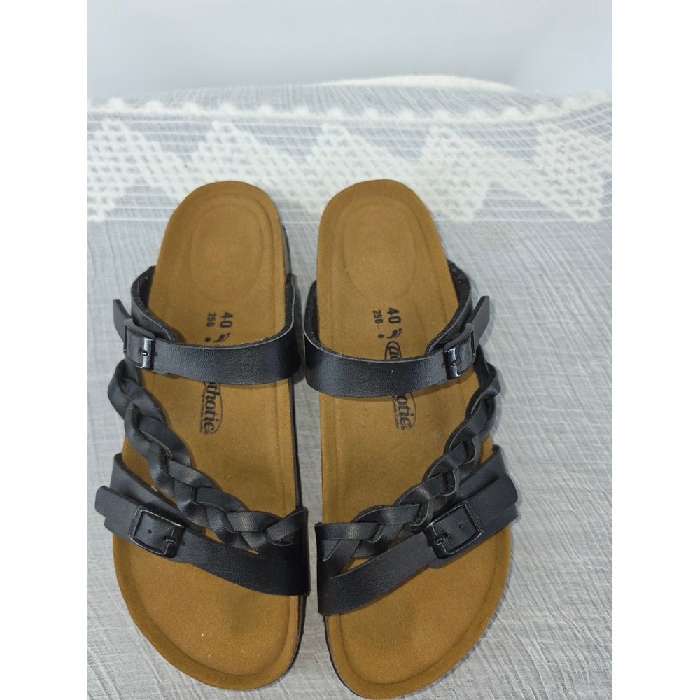 Aerothotic Women Black Braided Buckle Orthotic Slide Sandals Cork Footbed Sz 40